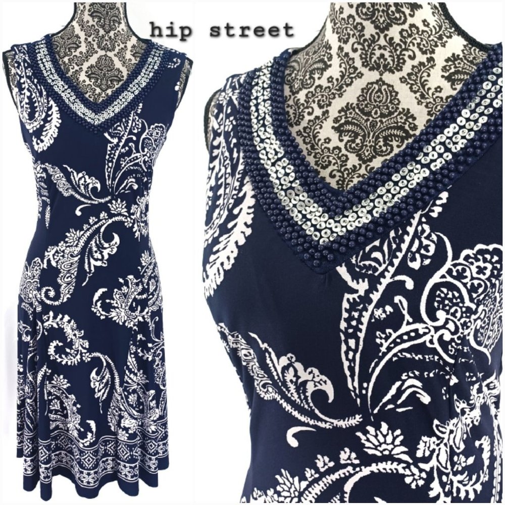 NOTATIONS Sleeveless Beaded V Neck Paisley Print Dress S